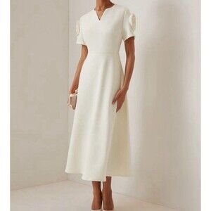 FEHAUTE 14 MIDI Dress 3D Floral Sleeve Cream NWT